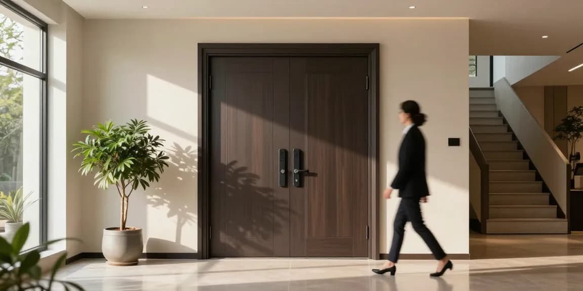 Elegant single leaf double swing door enhances modern entryway with sophisticated style and natural light.