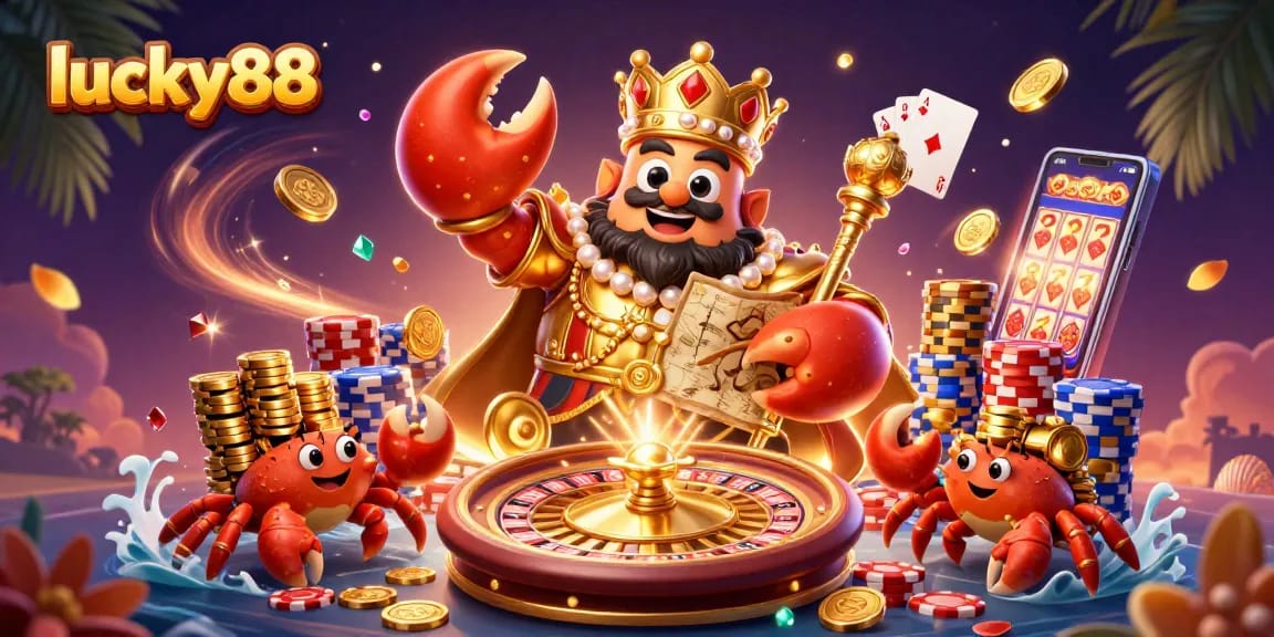 Spin to win at lucky88 with golden crab emperor surrounded by vibrant casino elements.