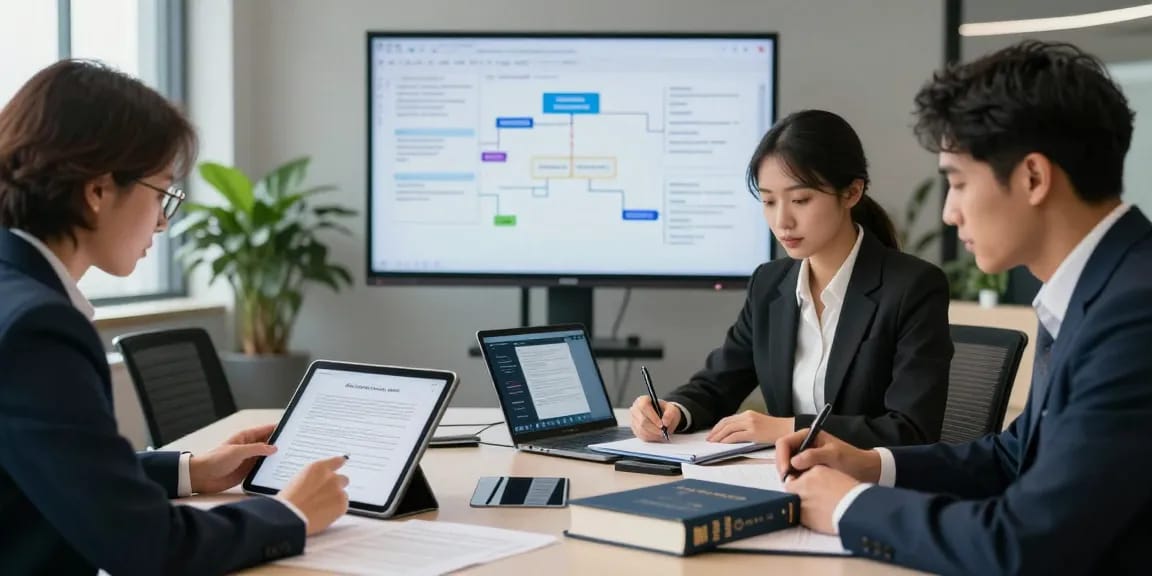 Team utilizing document fraud detection tools to analyze and verify important papers in a modern office.