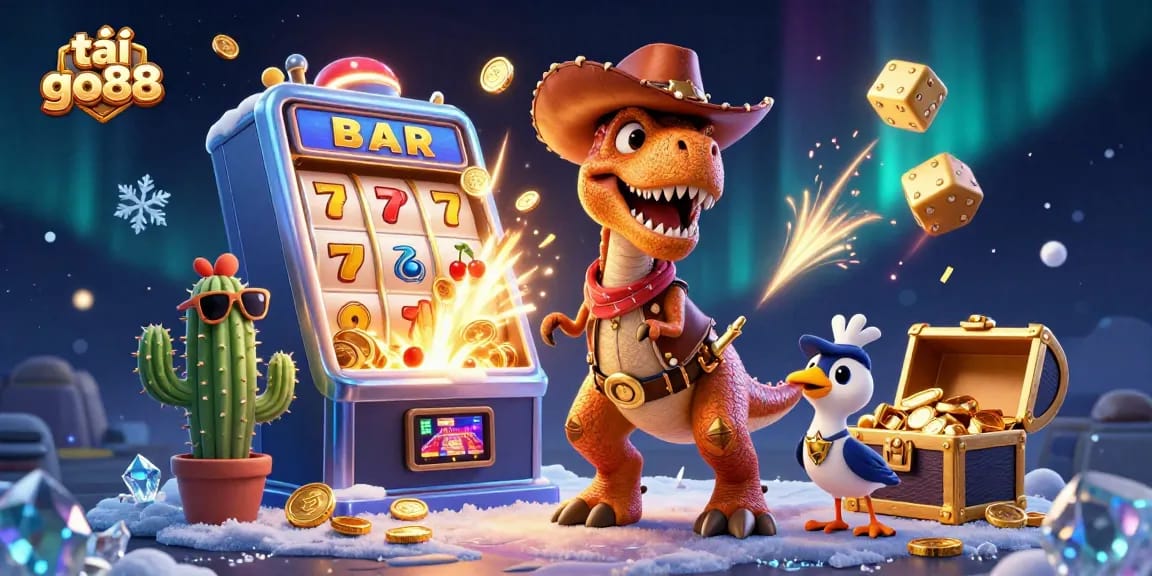 Spin the reels with tải go88 as a cowboy dinosaur and friends celebrate a jackpot win!