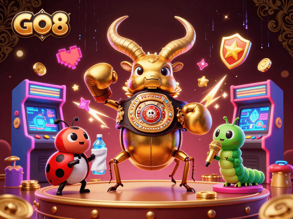 GO8 showcases a vibrant 3D scene where a golden beetle champion squares off, embodying thrilling betting action.