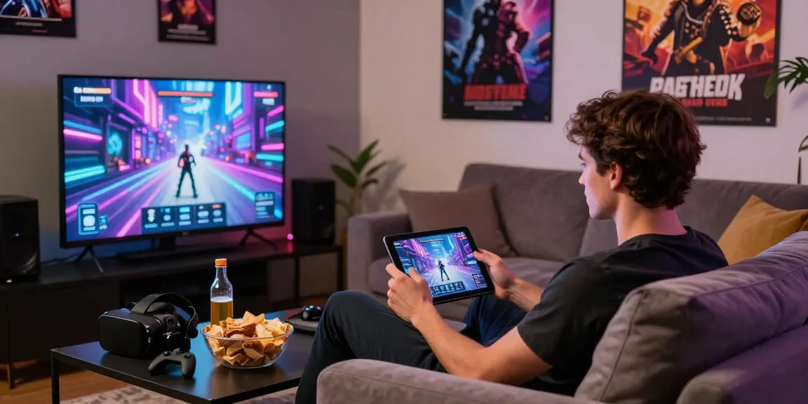 Play free porn game on tablet in a cozy gaming space with vibrant decor.