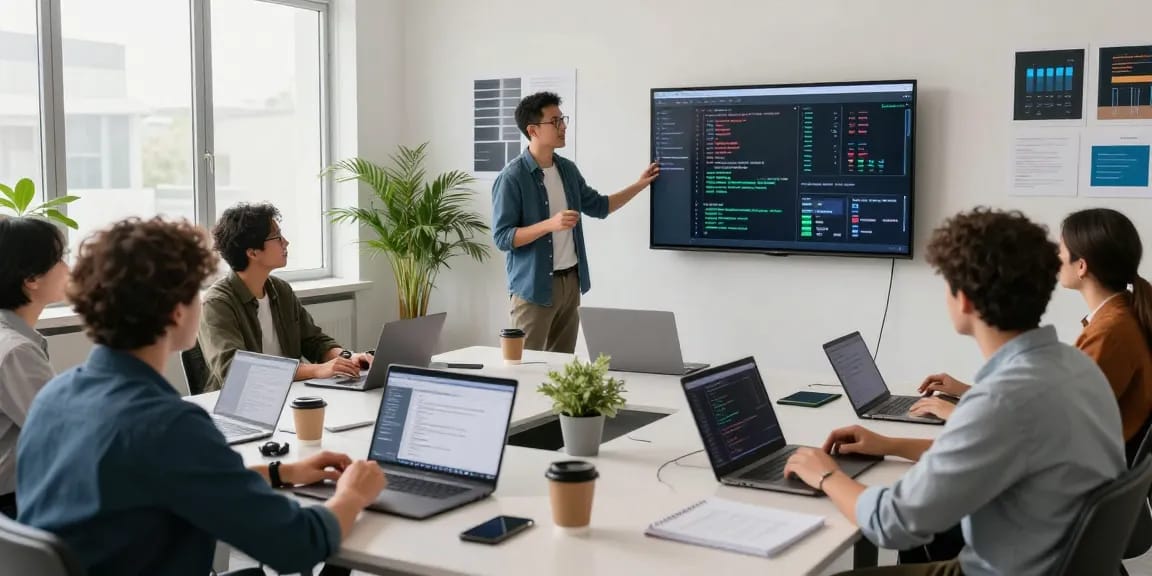 Waygrid developers collaborating on API management in a modern workspace