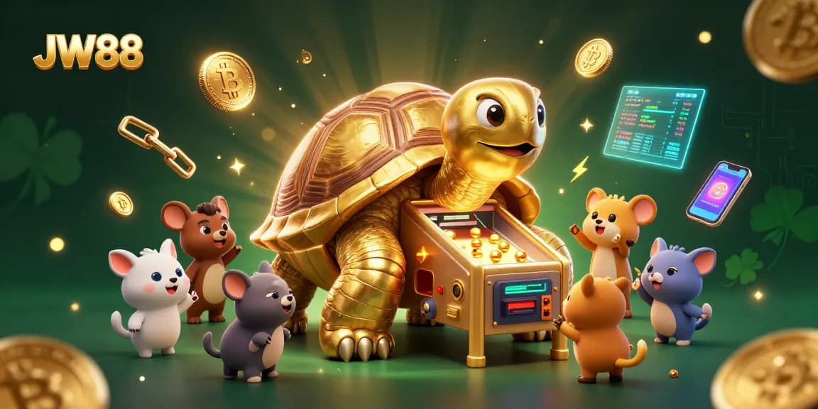 Experience thrilling gameplay at JW88 with a colossal tortoise pinball machine surrounded by crypto elements.