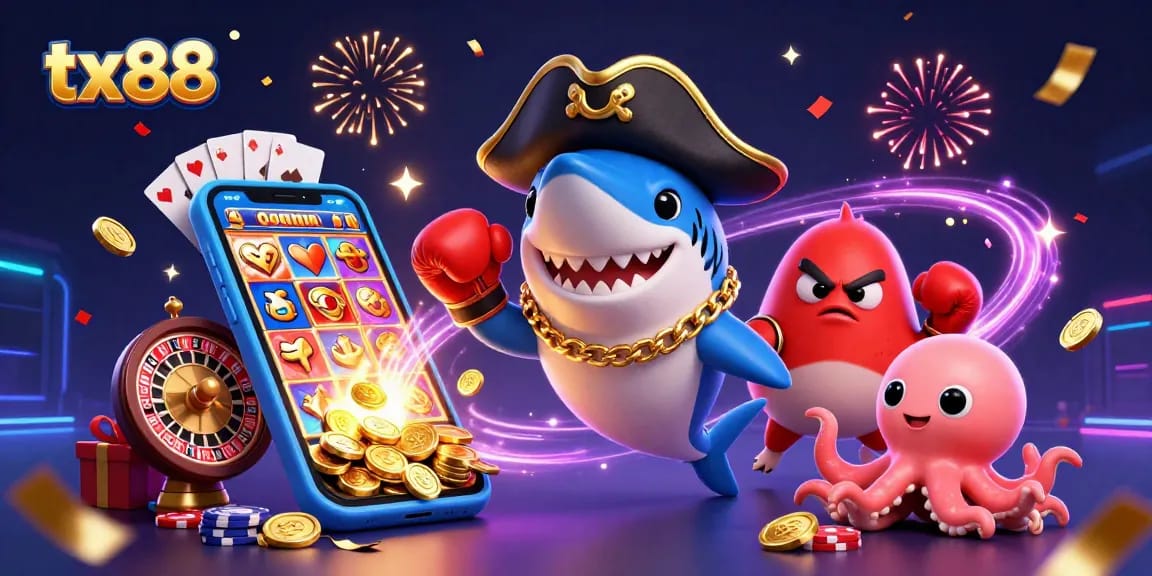 Engage in exciting gaming with tx88 featuring a playful shark, pufferfish, and octopus celebrating with coins.