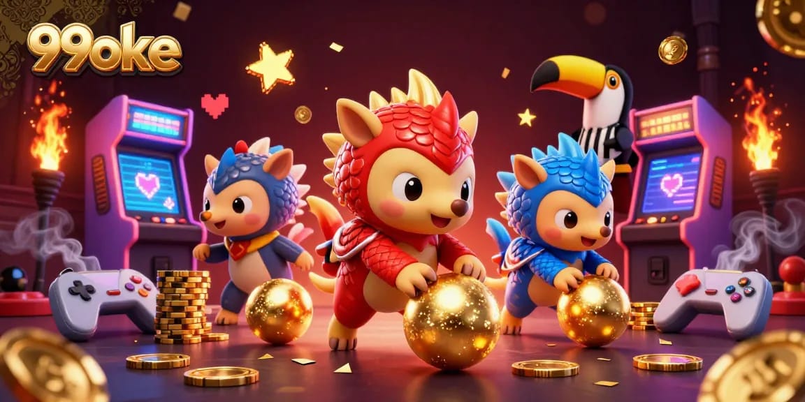 Engaging scene of 99oke with rival pangolins and poker chips, showcasing vibrant casino dynamics.