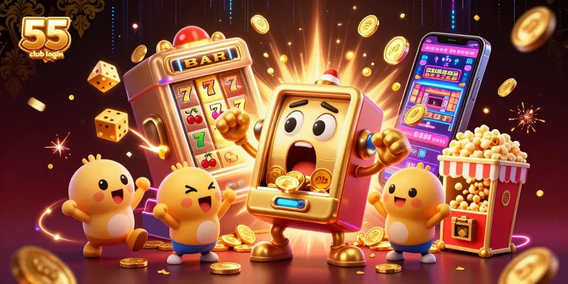 Experience the excitement of 55 club login with a jubilant golden slot machine hitting a jackpot as coins overflow.