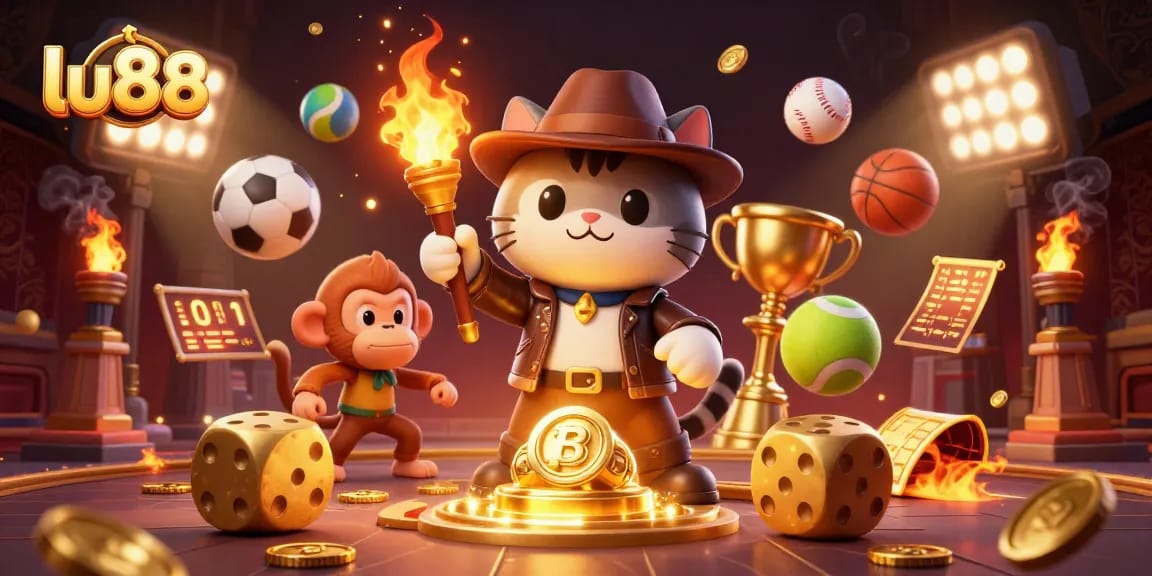 Lu88 gamblers celebrating their wins, surrounded by 3D sports elements and a luxurious casino backdrop.