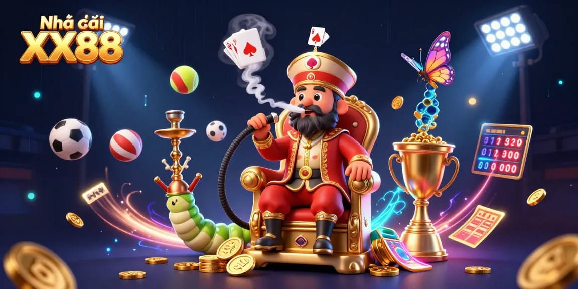 Engage with Nhà cái XX88 through this vibrant casino illustration showcasing dynamic sports elements and interactive gaming.