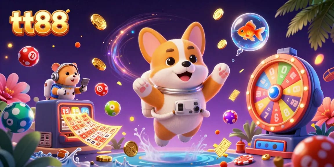 Engage with tt88’s vibrant online casino scene featuring a playful astronaut corgi and dynamic game elements.