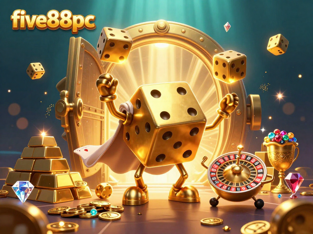 Bet big with five88pc in a vibrant 3D casino scene featuring golden dice and treasures.