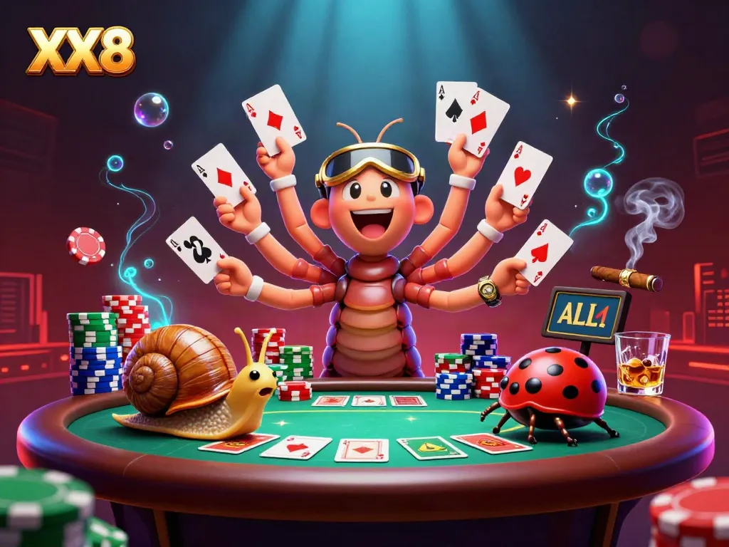 Experience the thrill of online gaming with XX 8 as unique casino characters gather around a vibrant poker table.