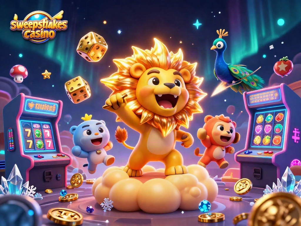 Engage with sweepstakes casino gameplay featuring a roaring sun lion amidst vibrant, dynamic gaming elements.