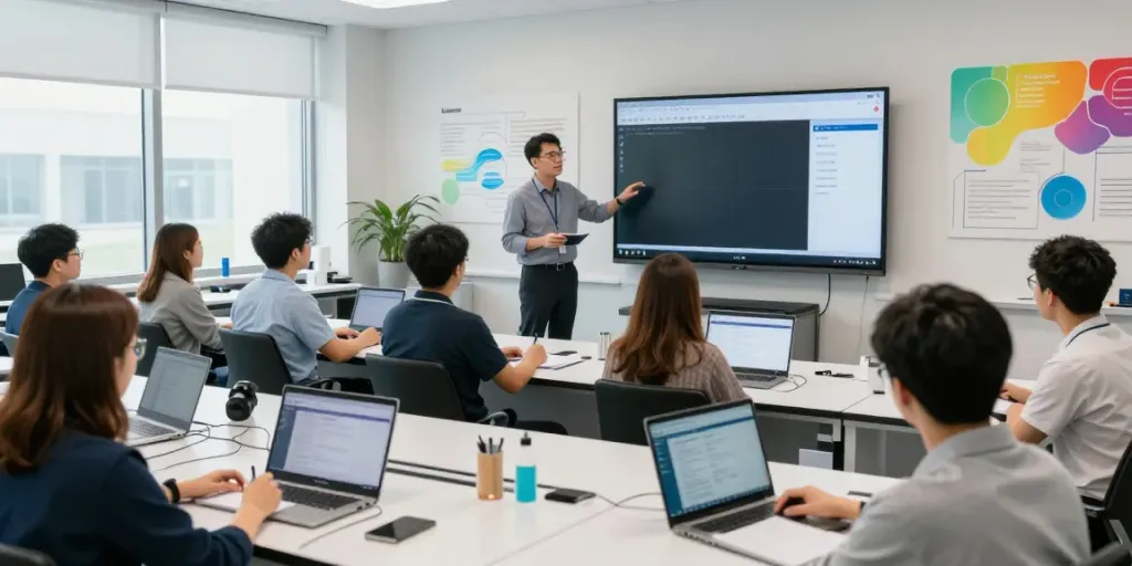 Engaged learners in a LabWare LIMS training session with instructor demonstrating on screen.