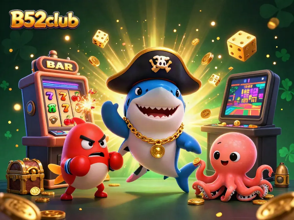 Experience the excitement of B52club with a dynamic casino-themed illustration featuring colorful characters and gaming elements.