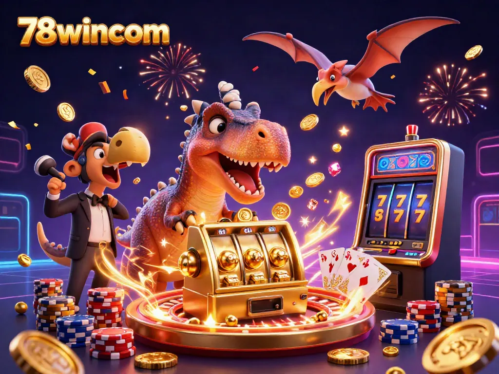 Experience the thrill of winning at 78wincom with a cartoon dinosaur and casino scene.