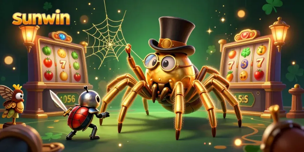 Experience thrilling gaming action at sunwin with golden tarantula weaving luck in a colorful casino scene.