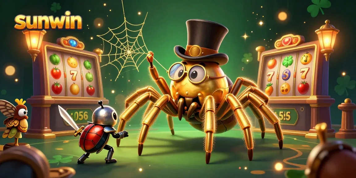 Experience thrilling gaming action at sunwin with golden tarantula weaving luck in a colorful casino scene.