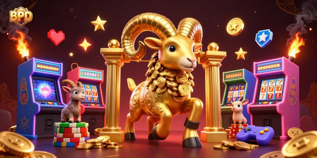 BPD bursting with energy in a vibrant casino scene, featuring a golden ram and interactive slot elements.