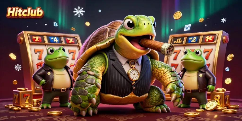 Hitclub's lively casino scene with a snapping turtle, bullfrog enforcers, and dynamic slot elements.