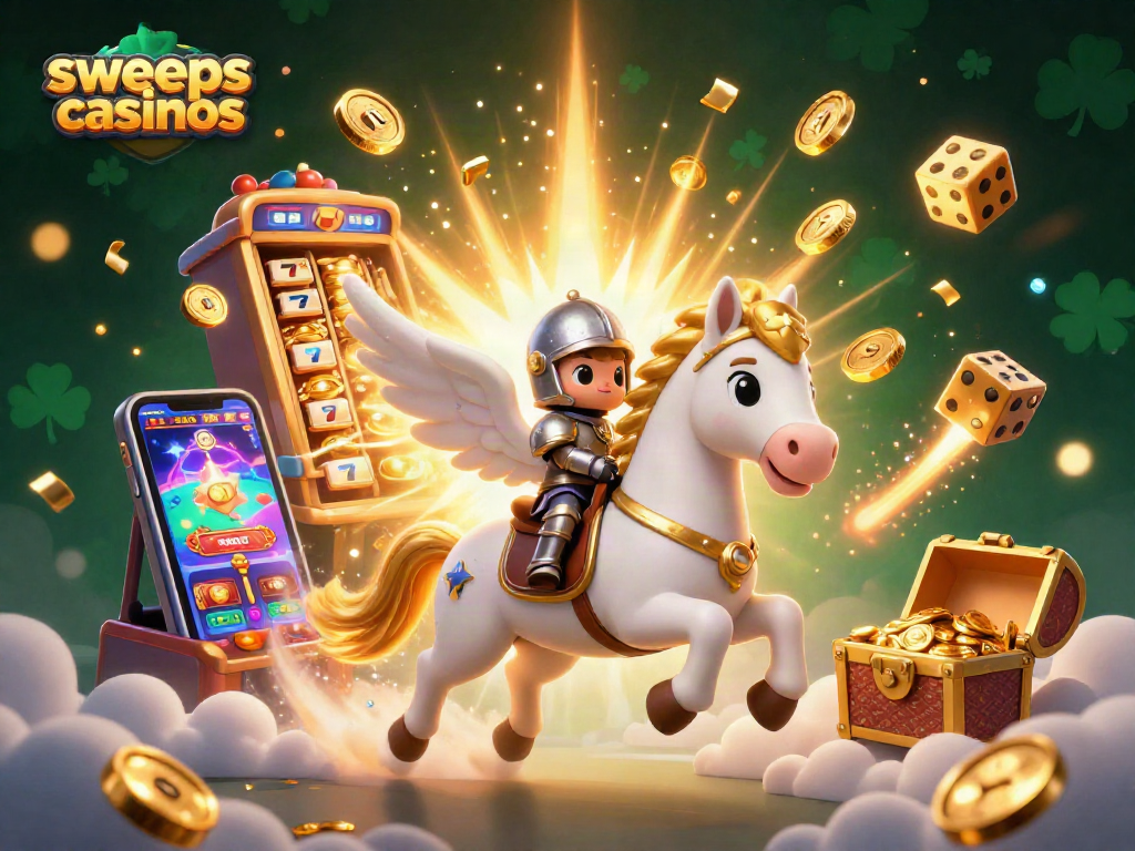 Experience thrilling action at sweeps casinos with a knight and celestial horse in an enchanting jackpot scene.