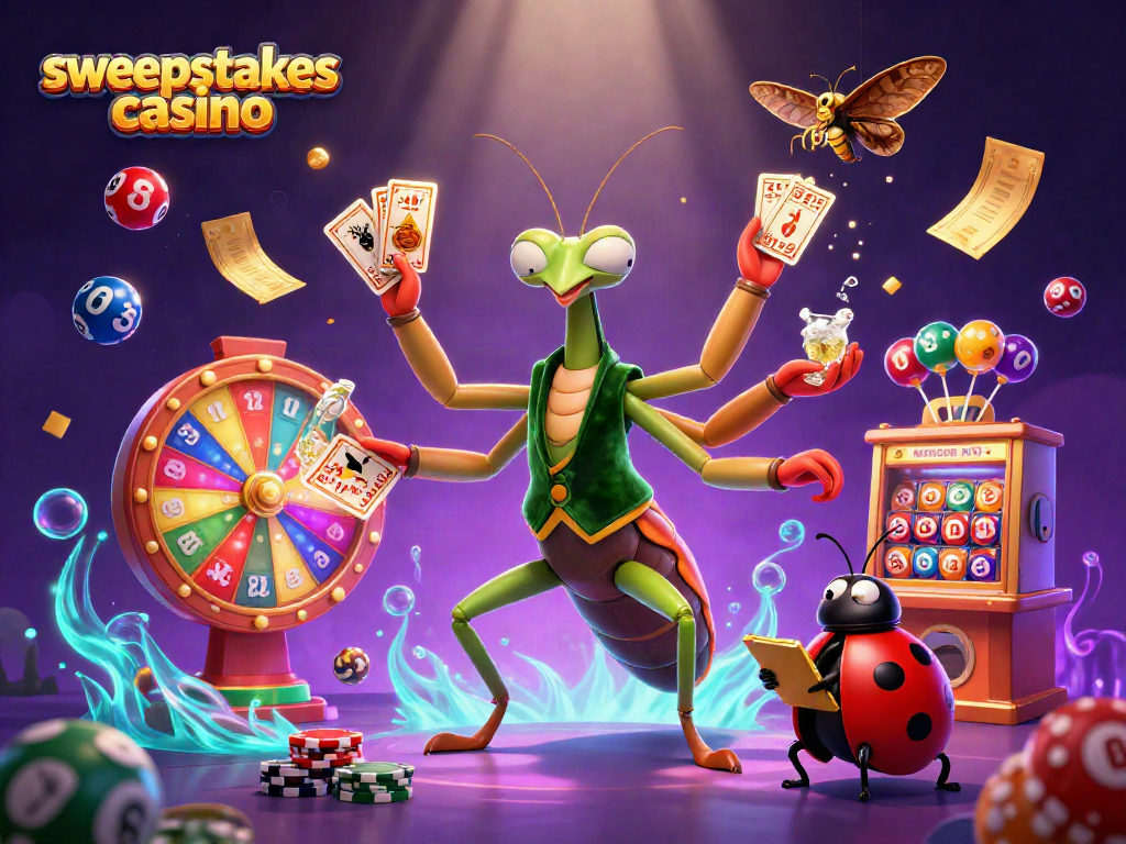 Experience the vibrant fun of a sweepstakes casino with cartoon characters engaged in exciting games.