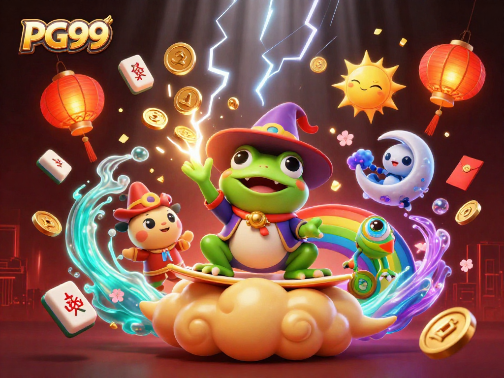 Experience PG99's gaming magic: a vibrant scene of fortune with frogs and chameleons.