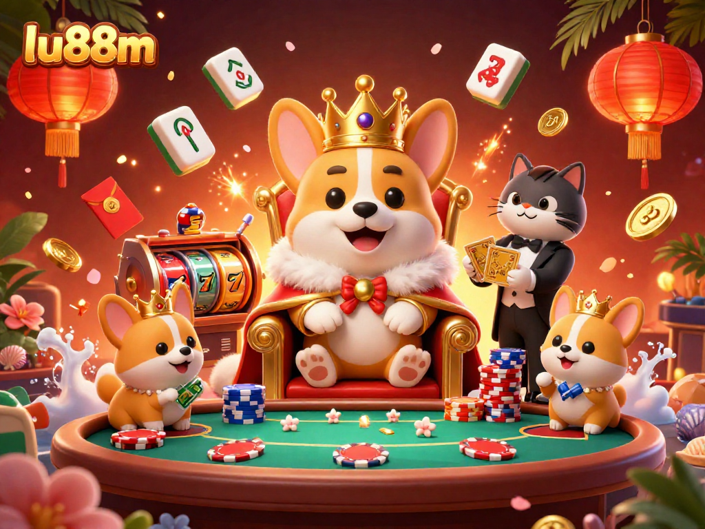lu88m showcases a royal corgi on a poker chip throne, highlighted by dynamic casino elements