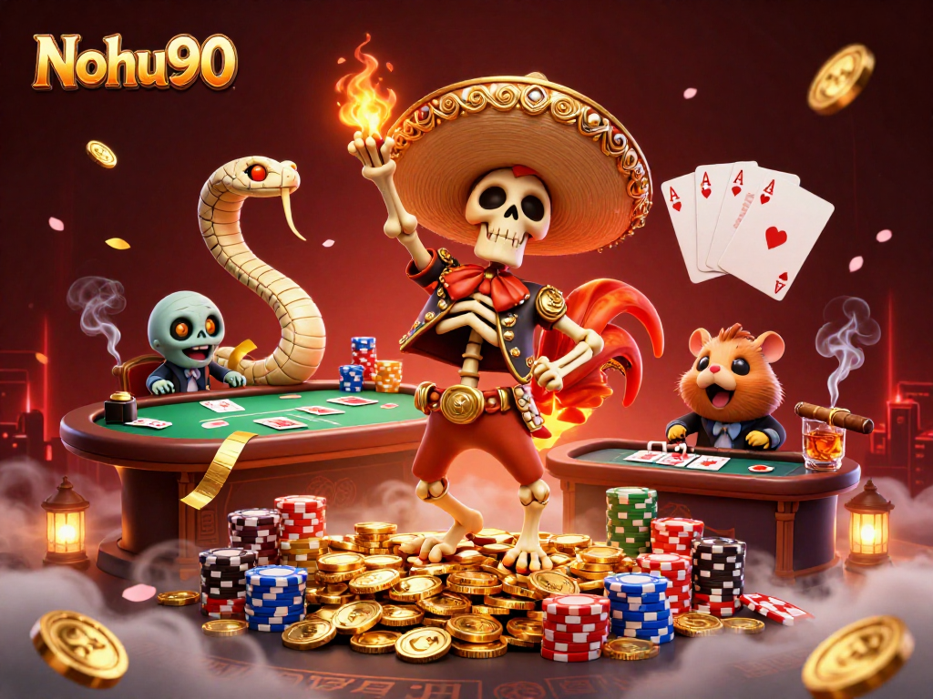 Nohu90 celebrates big wins with a lively scene of a mariachi rooster, zombie DJ, and mummy snake surrounded by poker elements and vibrant coins.