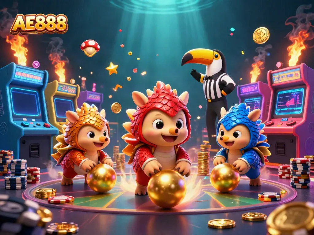 Engage with AE888's thrilling casino gaming scene featuring vibrant pangolins and golden poker chips.