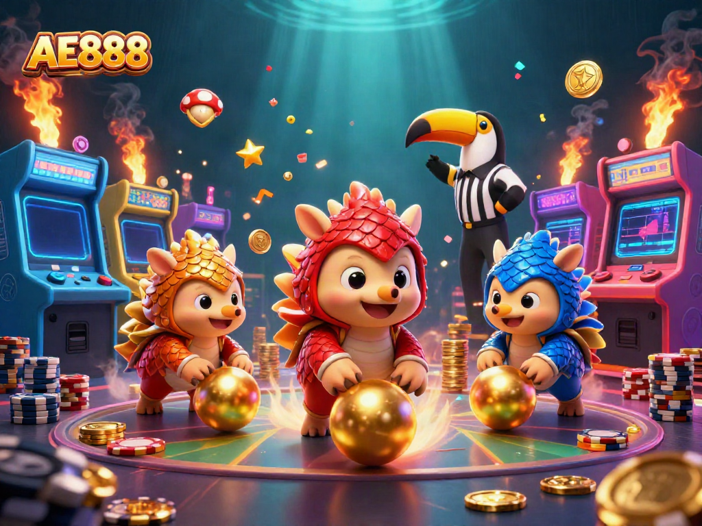 Engage with AE888's thrilling casino gaming scene featuring vibrant pangolins and golden poker chips.