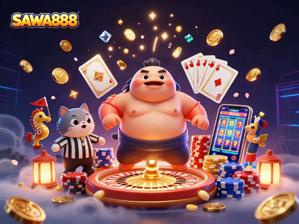 SAWA888 brings excitement to gambling with a colorful underwater casino scene featuring vibrant 3D characters.