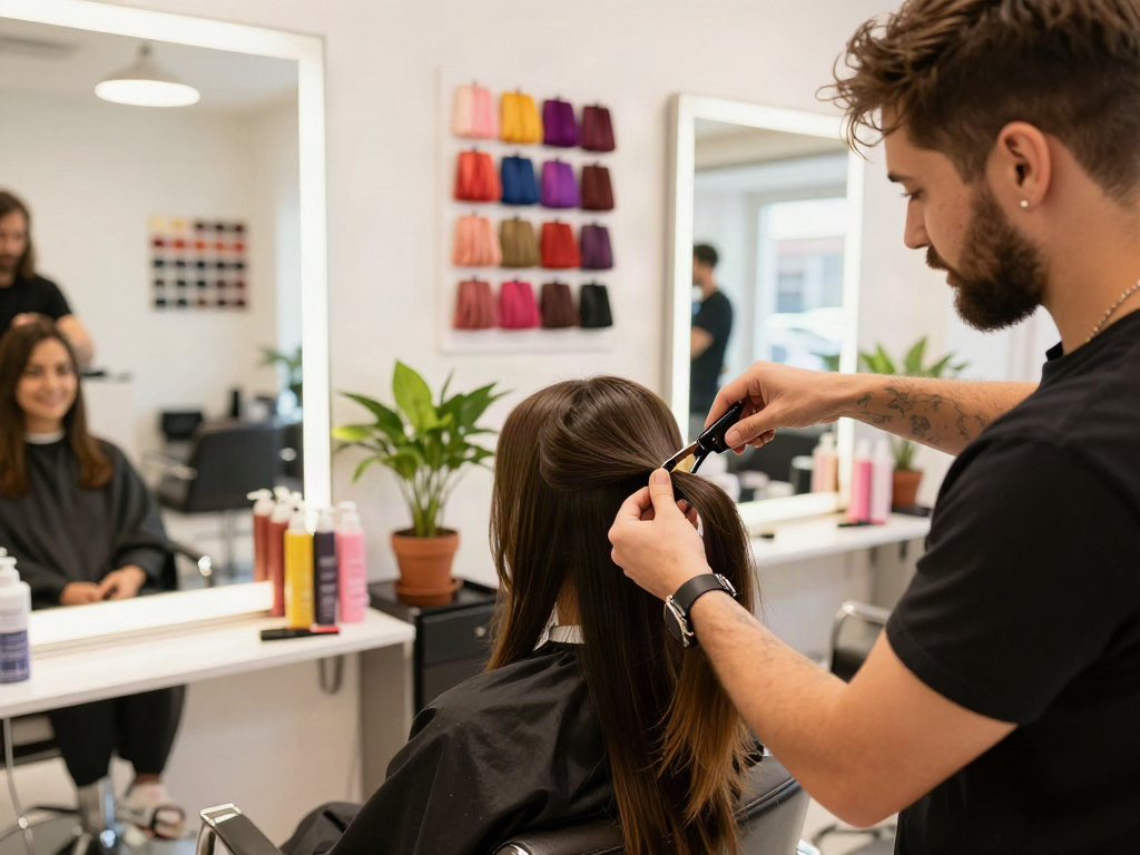 Stylish salon scene featuring a stylist applying clip in hair extensions for a vibrant makeover.