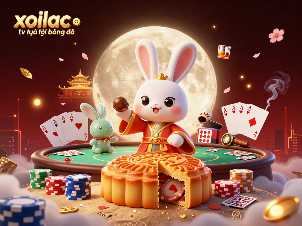 Watch xoilac tv trực tiếp bóng đá with a vibrant 3D moon rabit, poker elements, and rich visual detail.