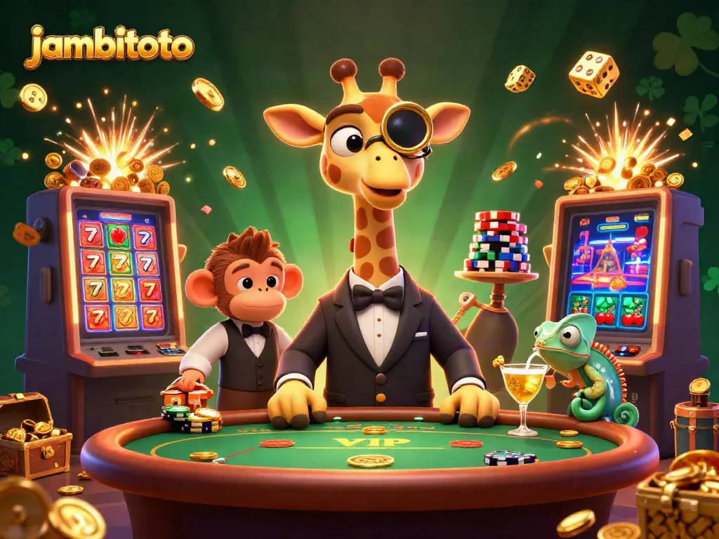 Experience the excitement of winning with jambitoto, featuring a high-roller giraffe in a casino scene.