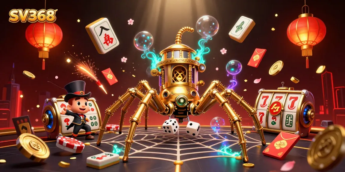 SV368 showcases a whimsical casino scene with a golden spider catching dice and vibrant slot elements.