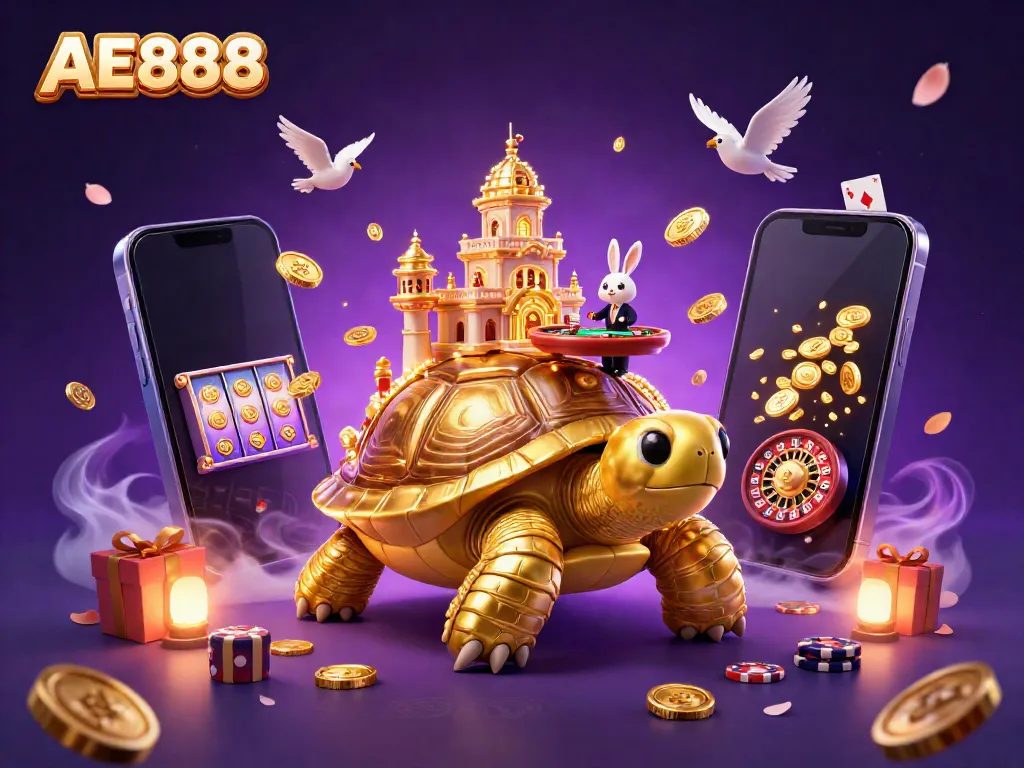 Engage in the AE888 casino experience with a whimsical illustration featuring a tortoise casino and lively gaming elements.