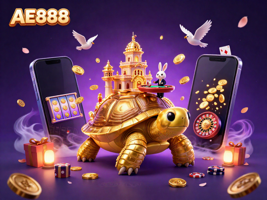 Engage in the AE888 casino experience with a whimsical illustration featuring a tortoise casino and lively gaming elements.