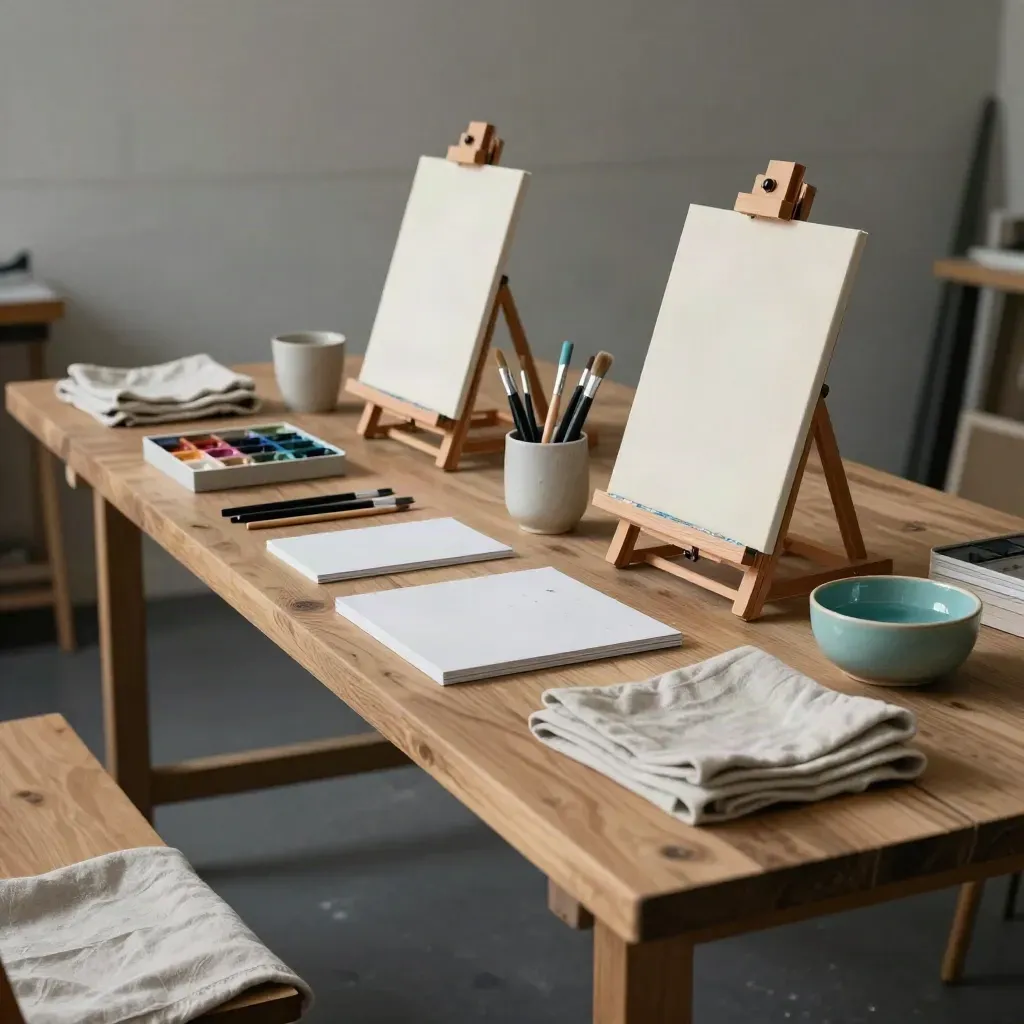 Private paint-night kit on a studio table with easels, paint cups, and folded cloths.