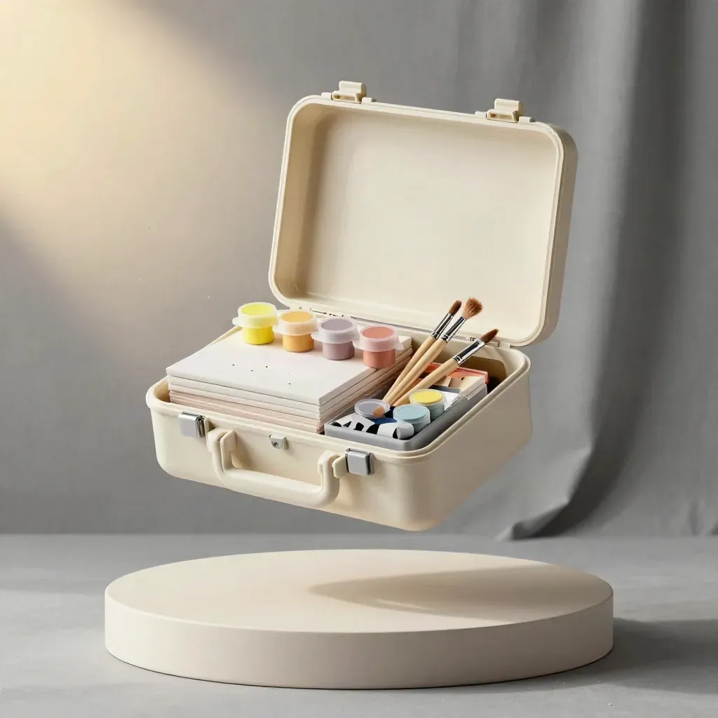 Floating open paint party kit case with canvases, brushes, and paint pots on a pale plinth.