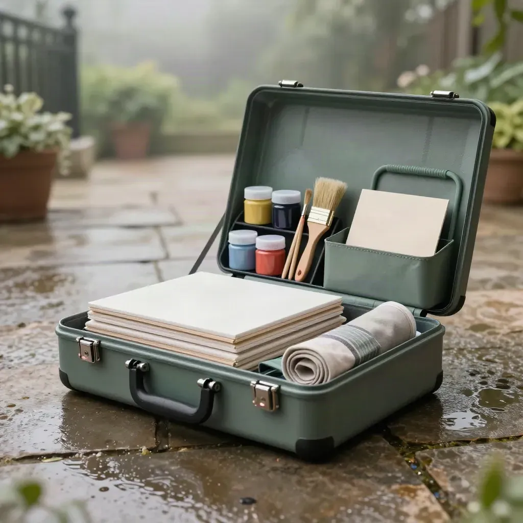 Open mobile paint party kit on wet stone with canvases, paints, brushes, aprons, and cleanup tools.