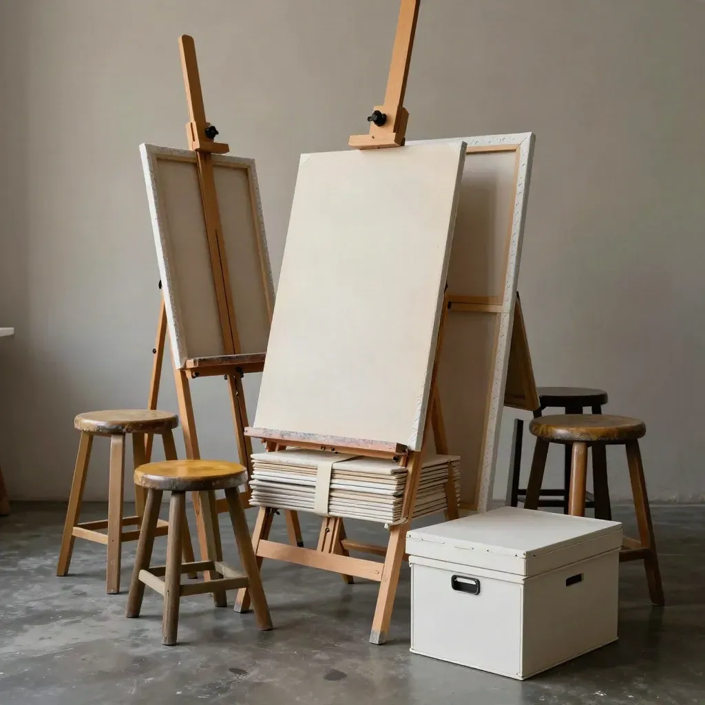 Studio paint slot setup with easels, stools, canvas stack and supply crate in warm haze.