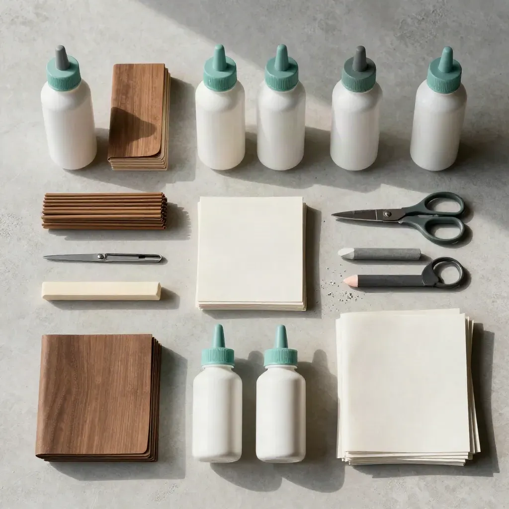 Overhead flatlay of a school art workshop kit with paints, scissors, paper stacks, and a drying rack corner.