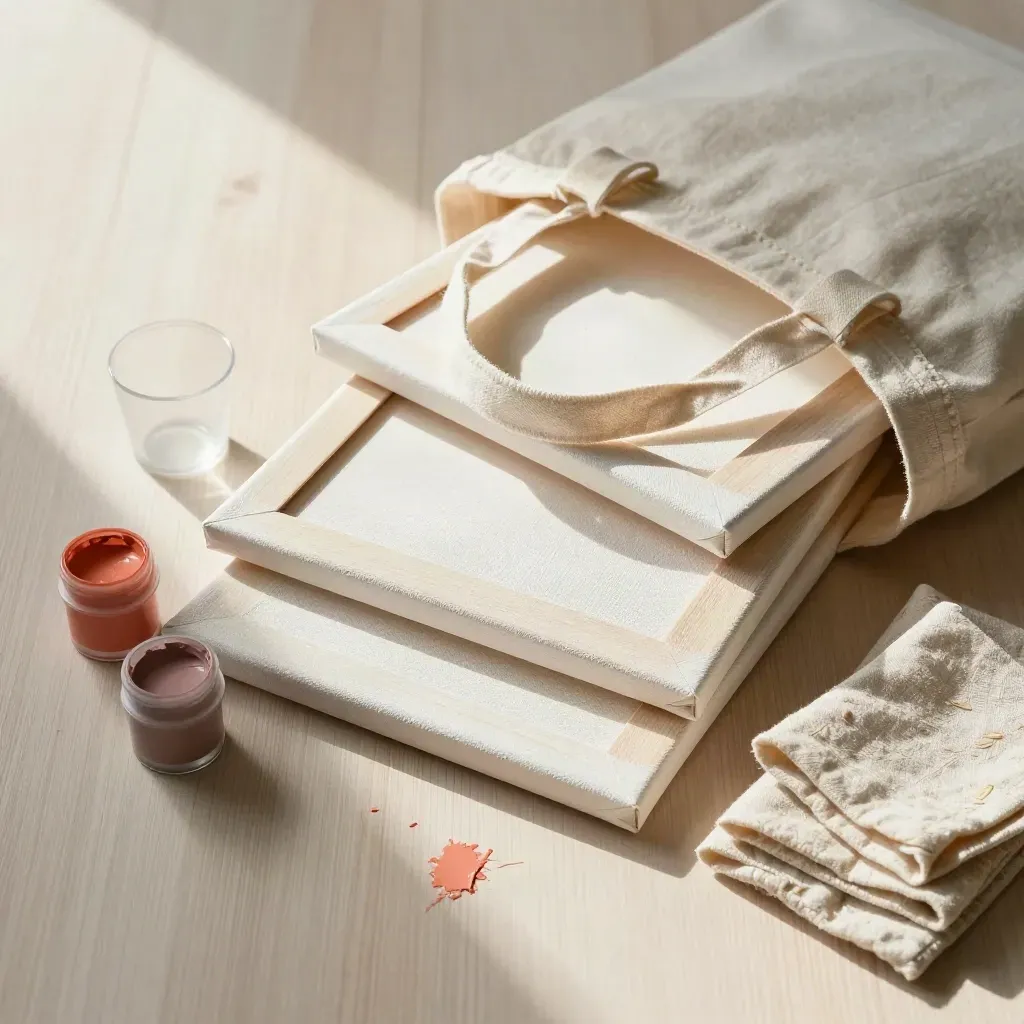 Top-down family canvas bundle with paints, cups, and cloth wraps spilling from a linen tote on pale wood.