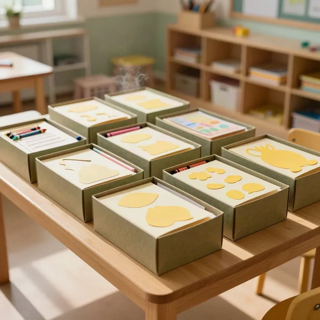 Kids craft box with ten kits, crayons, glue sticks and paper shapes on a sunny classroom counter.