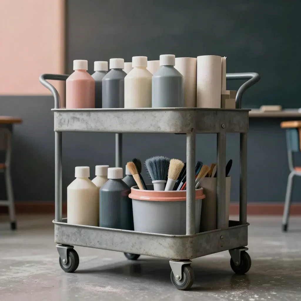 Side view of a rolling school supply cart loaded with paint bottles, brushes, paper rolls, and bins.