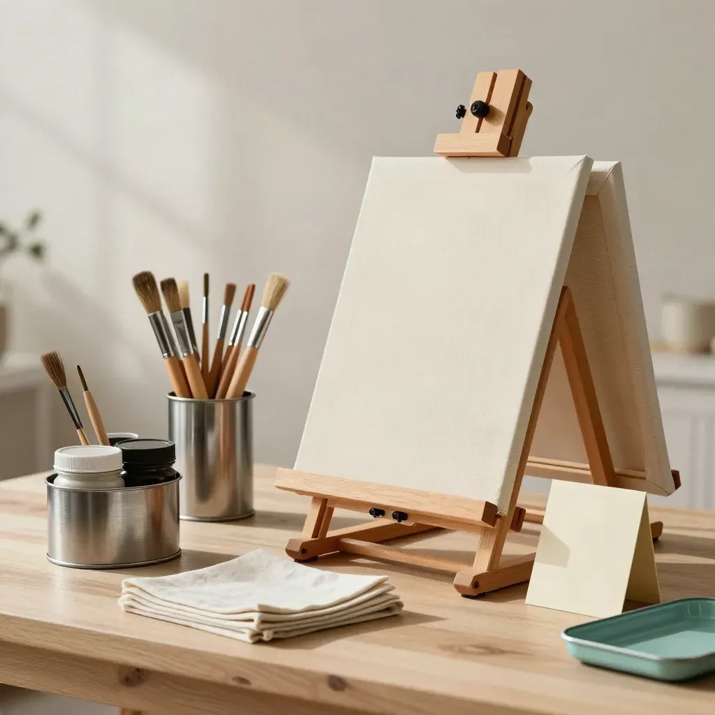 Reserved paint party setup with easels, blank canvases, paint caddy, and a turned reservation card