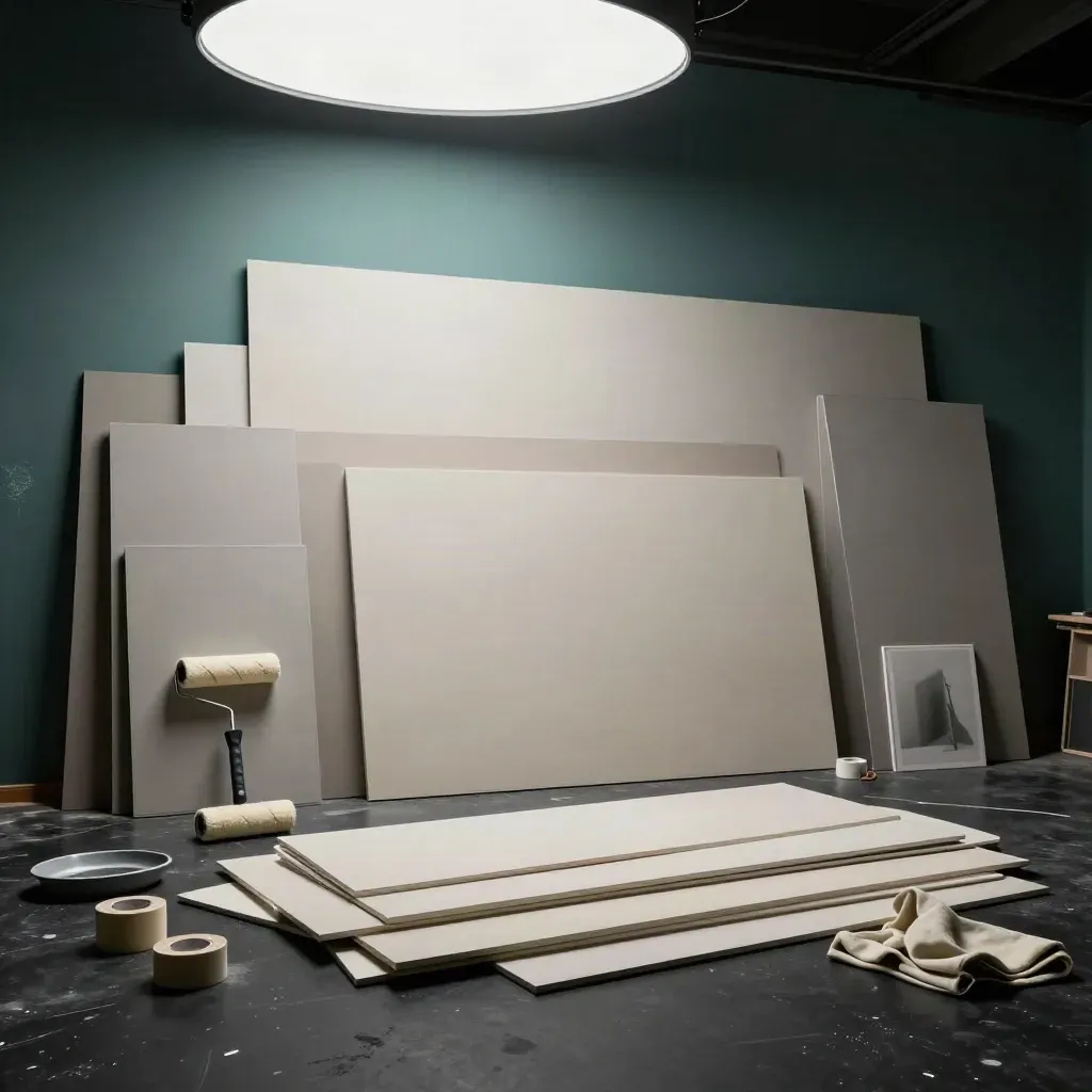 Oversized mural wall kit with panels, rollers, tape rolls, and trays on a dark studio floor.
