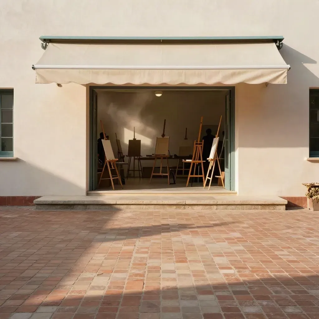 Sunlit brick courtyard outside a creative studio with open doorway and easel silhouettes