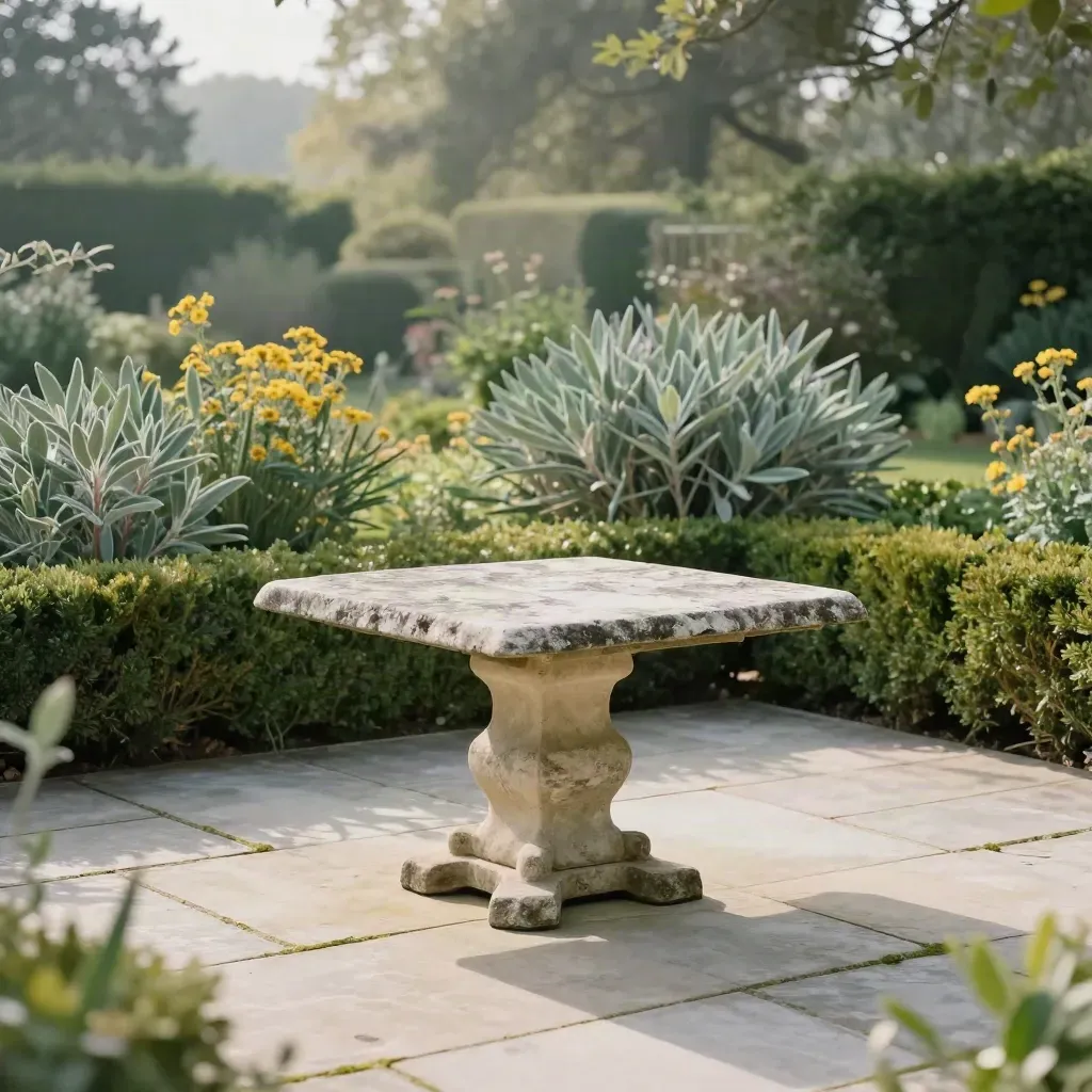 Sunlit stone patio with clipped greenery and open calm foreground for studio bookings